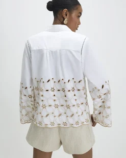 White Cotton Poplin Broderie Hem Shirt