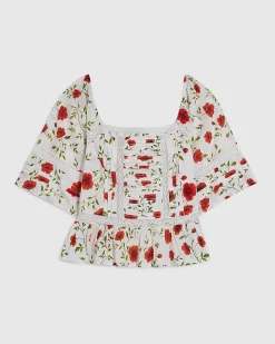 White Cotton Poppy Print Square Neck Blouse