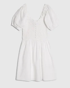 White Cotton Puff Sleeve Shirred Mini Dress