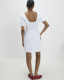 White Cotton Puff Sleeve Shirred Mini Dress