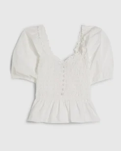 White Cotton Puff Sleeve Shirred Top