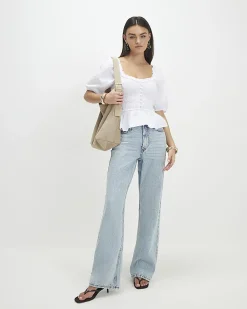 White Cotton Puff Sleeve Shirred Top