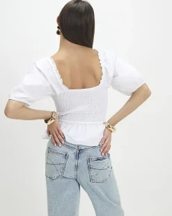 White Cotton Puff Sleeve Shirred Top