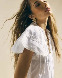 White Cotton Ruffle Short Sleeve Lace Blouse