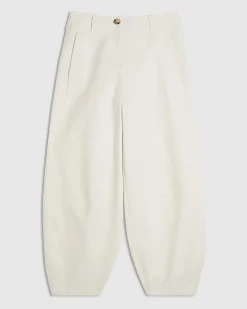White Cotton Sateen Barrel Leg Trousers