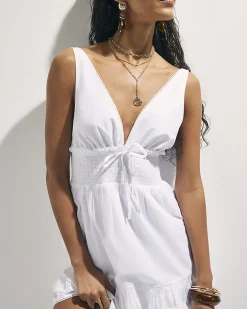 White Cotton Shirred Waist Mini Dress