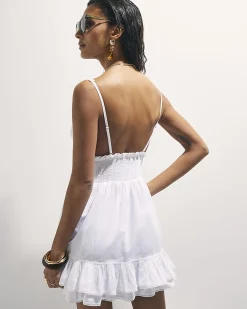 White Cotton Shirred Waist Mini Dress