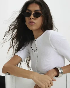 White Cotton Short Sleeve Ribbed Popper Top