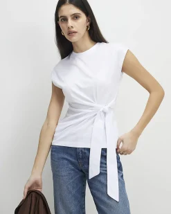 White Cotton Short Sleeve Tie Side T-shirt