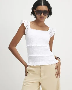 White Cotton Sleeveless Shirred Broderie Top