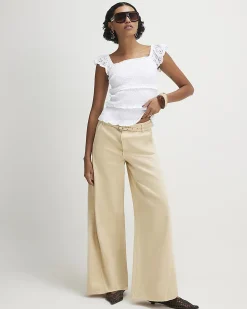 White Cotton Sleeveless Shirred Broderie Top