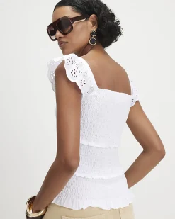 White Cotton Sleeveless Shirred Broderie Top