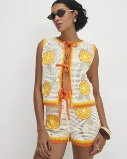White Crochet Knit Orange Patch Shorts