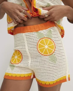 White Crochet Knit Orange Patch Shorts