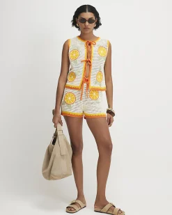 White Crochet Knit Orange Patch Shorts