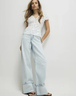 White 3D Floral Detail Short Sleeve Blouse