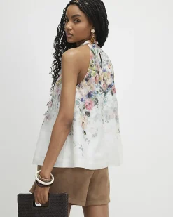 White 3D Floral Sleeveless Blouse