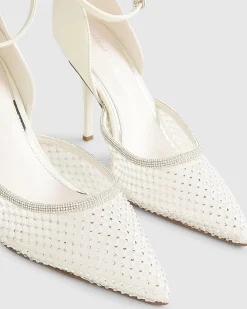 White Embellished Mesh Court Heels