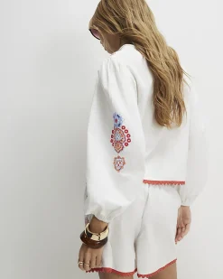 White Embroidered Long Sleeve Blouse