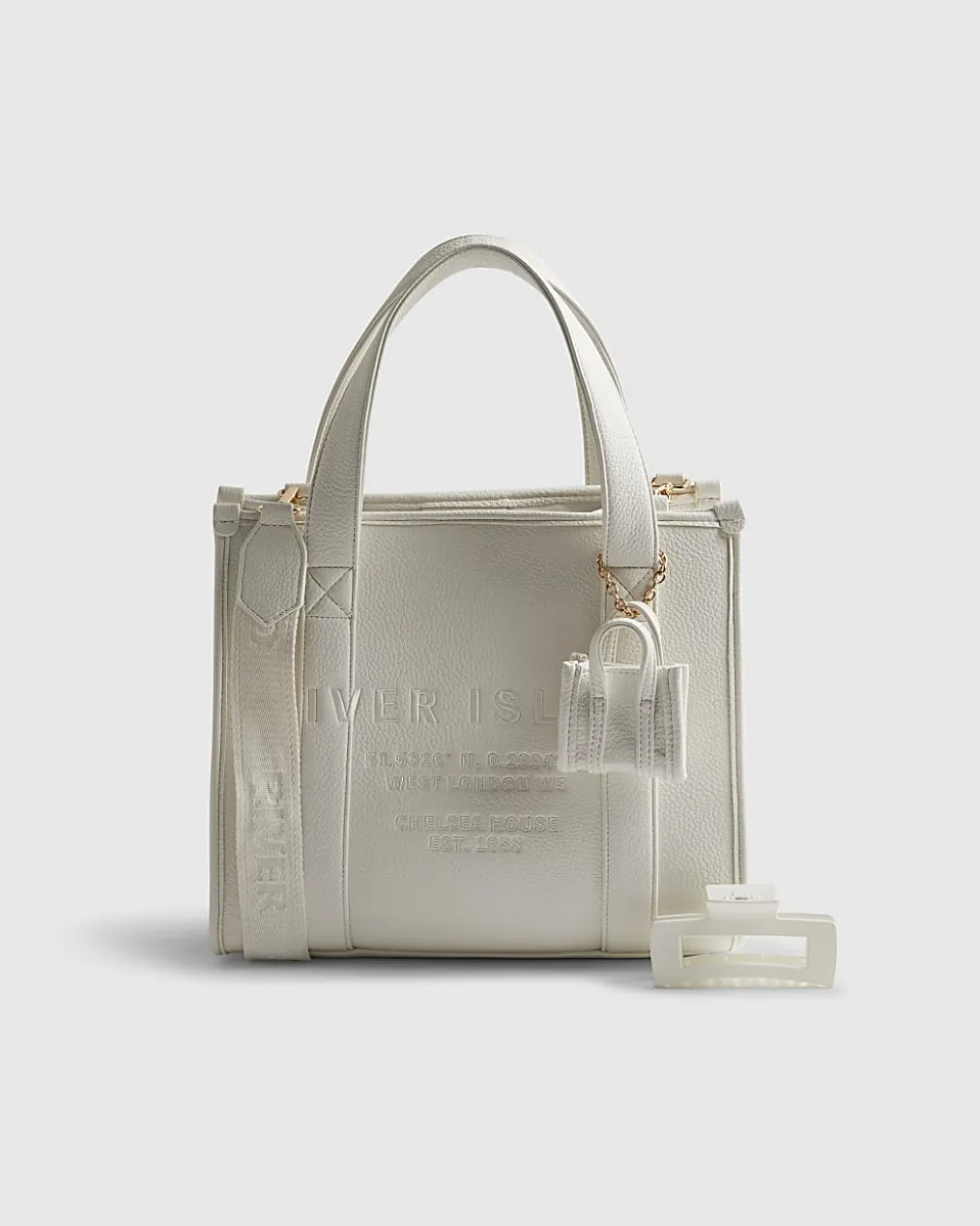 White Faux Leather Embroidered Tote Bag