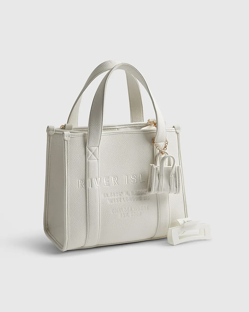 White Faux Leather Embroidered Tote Bag