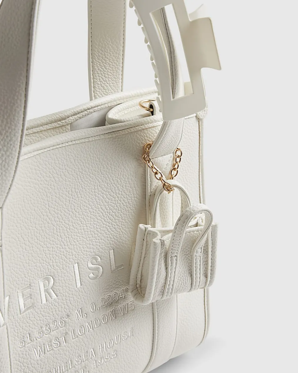 White Faux Leather Embroidered Tote Bag