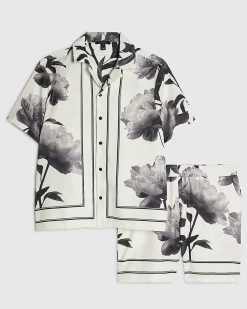 White Floral Print Shirt & Short Set