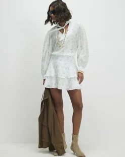 White Floral Pussybow Blouse