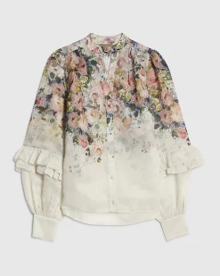 White Floral Ruffle Sleeve Blouse