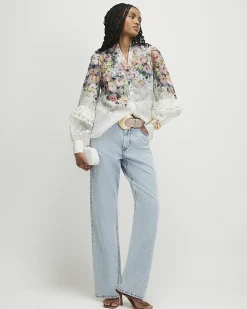 White Floral Ruffle Sleeve Blouse