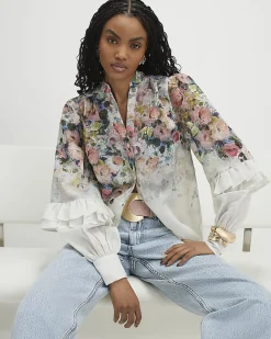 White Floral Ruffle Sleeve Blouse