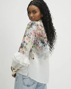 White Floral Ruffle Sleeve Blouse