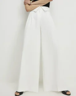 White Foldover Waistband Wide Leg Trousers