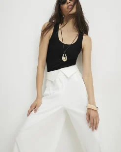 White Foldover Waistband Wide Leg Trousers