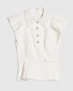 White Frill Sleeve Diamante Peplum Top