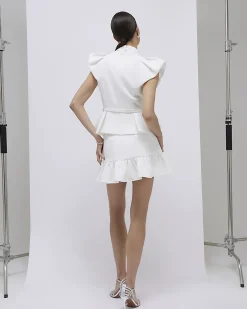 White Frill Sleeve Diamante Peplum Top