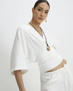 White Kimono Sleeve Cotton Blend T-shirt