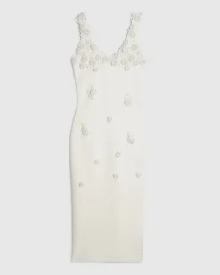 White Knitted Embroidered Flower Midi Dress