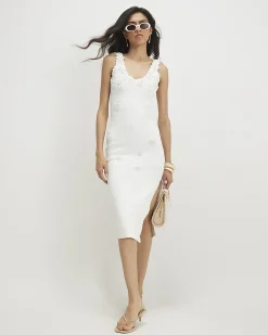 White Knitted Embroidered Flower Midi Dress
