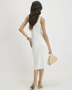 White Knitted Embroidered Flower Midi Dress
