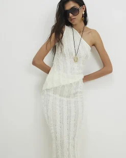 White Knitted Fringed Midi Skirt