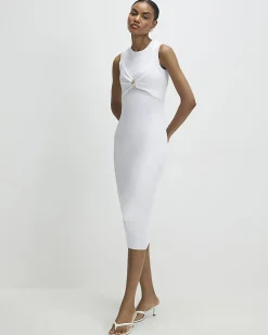 White Knitted Sleeveless Midi Dress