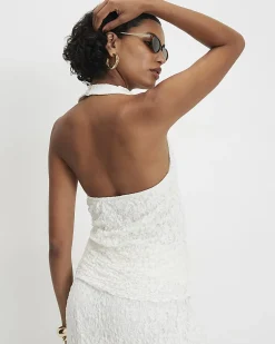 White Lace Halter Cowl Neck Top