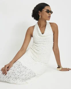 White Lace Halter Cowl Neck Top