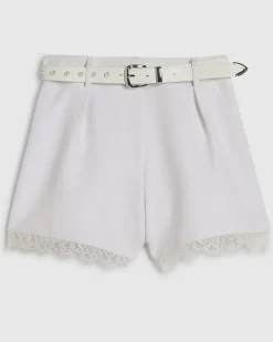 White Lace Trim Stud Belt Shorts