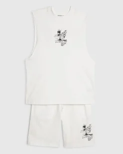 White Landscape Tank Top And Shorts Set