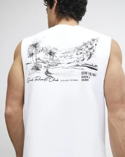 White Landscape Tank Top And Shorts Set