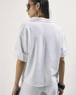 White Linen Blend Boxy Short Sleeve Shirt