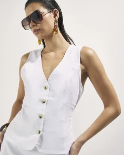 White Linen Blend Button Down Waistcoat