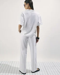 White Linen Blend Drawstring Tapered Trousers